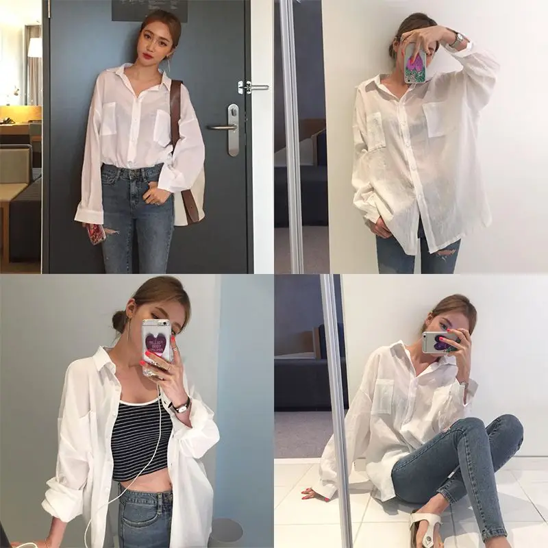 

Ladies White Shirt Thin Perspective Cotton and Linen Blouse Women's Long Section Loose Spring and Summer Turn-down Collar Full