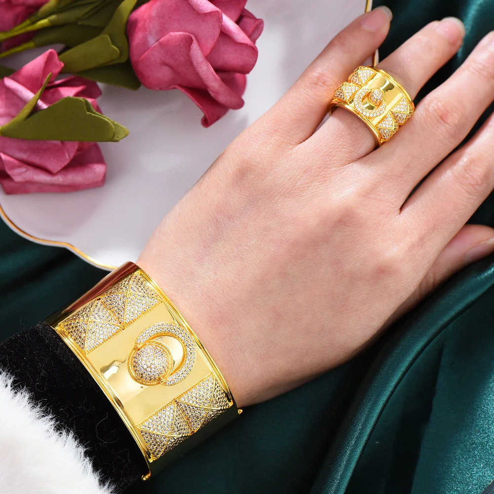 KellyBola Trendy Noble Indian Princess Wide Gold Bangle Ring Set  For Women Full Micro Cubic Zircon Wedding Saudi Arabic