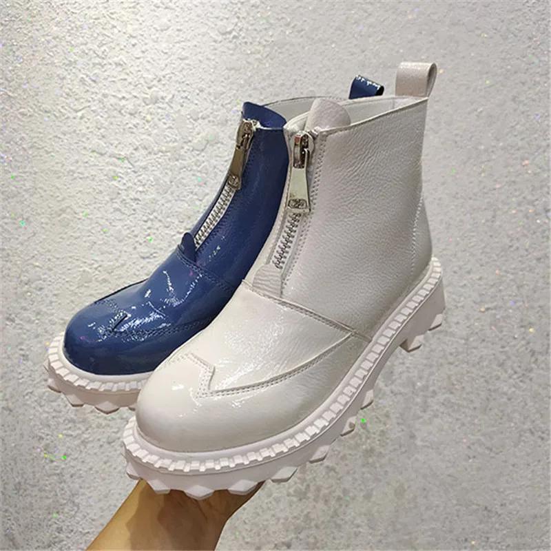 Женские кожаные сапоги ярких цветов с круглым носком и молнией спереди Сапоги