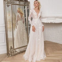 vintage lace bohemian wedding dress long sleeves floor length boho bridal gown v neck illusion button back robe de mariee femme