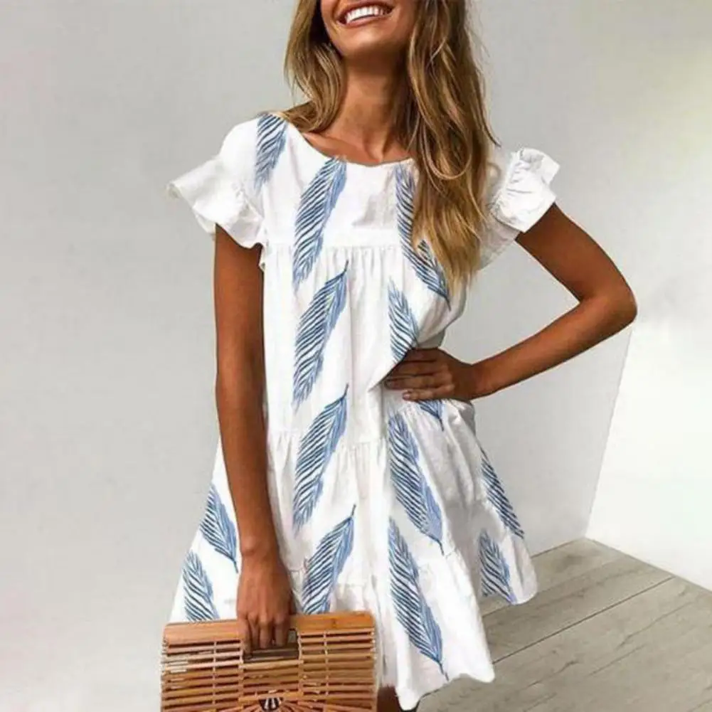 

Summer Fashion Partysu Women Mini White Dress Feather Print Casual Ladies Ruffled Short Sleeve Loose Daily Leisure Holiday Skirt