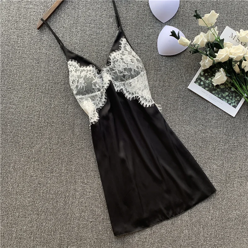 

Women Sexy Nightwear Satin Nightgown Lace Spaghetti Strap Nightdress Sleepwear Intimate Lingerie Perspective Bathrobe Homewear
