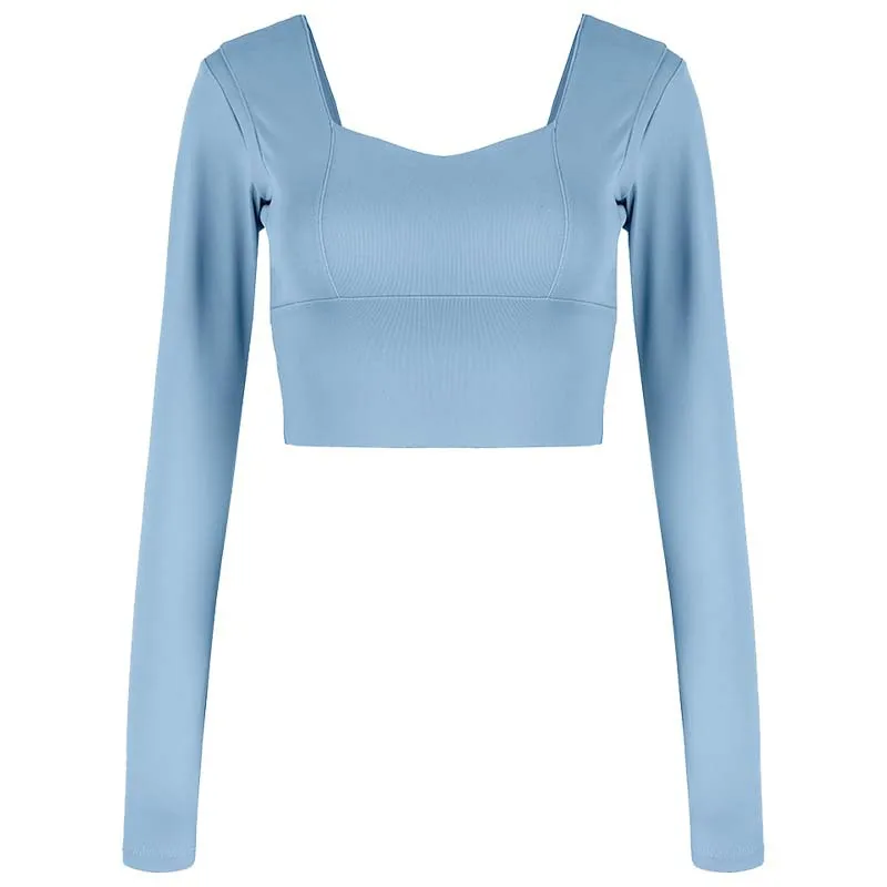 

New short sports T-shirt women's beauty back stretch fitness top with chest pad yoga wear long sleeves