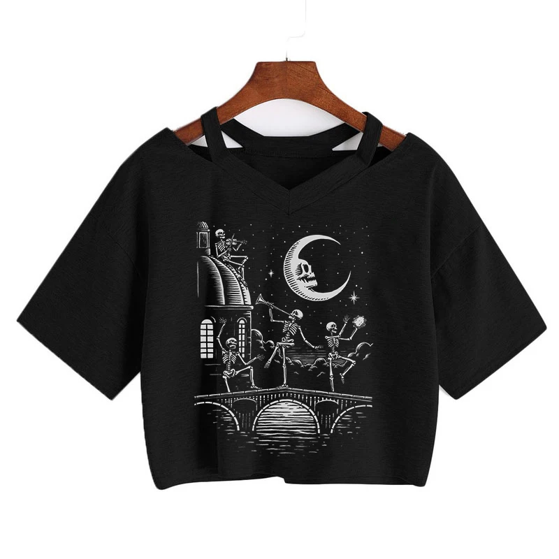 2021 New Dance skull pattern T-Shirt Summer Women's Crop Tops Short Sleeve Gothic Tees Punk Grunge Shirt Harajuku Y2k Sexy Top | Женская