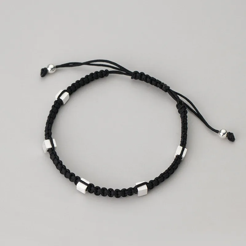 

AIFENAO 925 Sterling Silver Beads Cube Thread Bracelet for Men Women Adjustable Rope Bangles Handmade Jewelry Friend Lucky Gift
