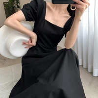xl womens high waist square collar long dress summer new style over the knee short sleeve party dress casual