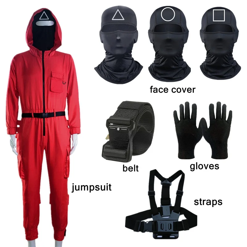 

Round Six Halloween Squid Game Cosplay Costume Red Jumpsuit Carnival Villain Cos Props Face Cover Belt Black Veil Gloves Straps