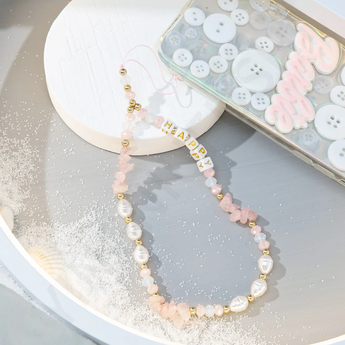 fashion new gravel pearl phone chain women creative happy letter beaded mobile phone case lanyard hanging cord jewelry girl gift free global shipping