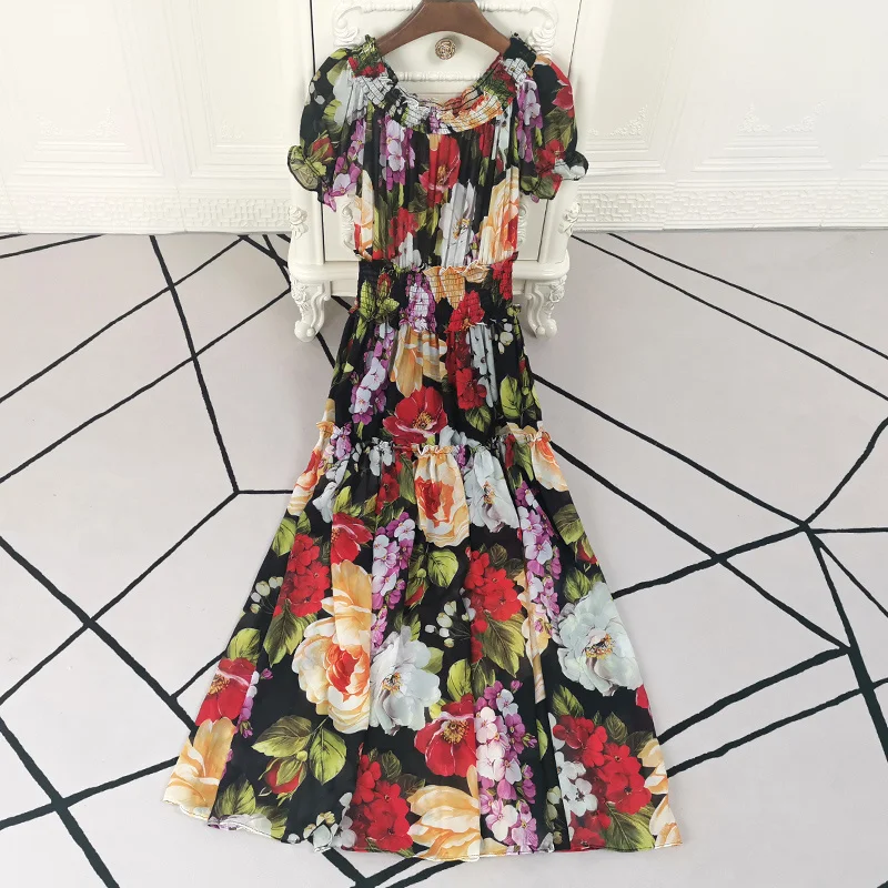 

Женское шифоновое платье миди, дизайнерское элегантное праздничное платье с цветочным принтом и открытыми плечами на резинке, Повседневно...