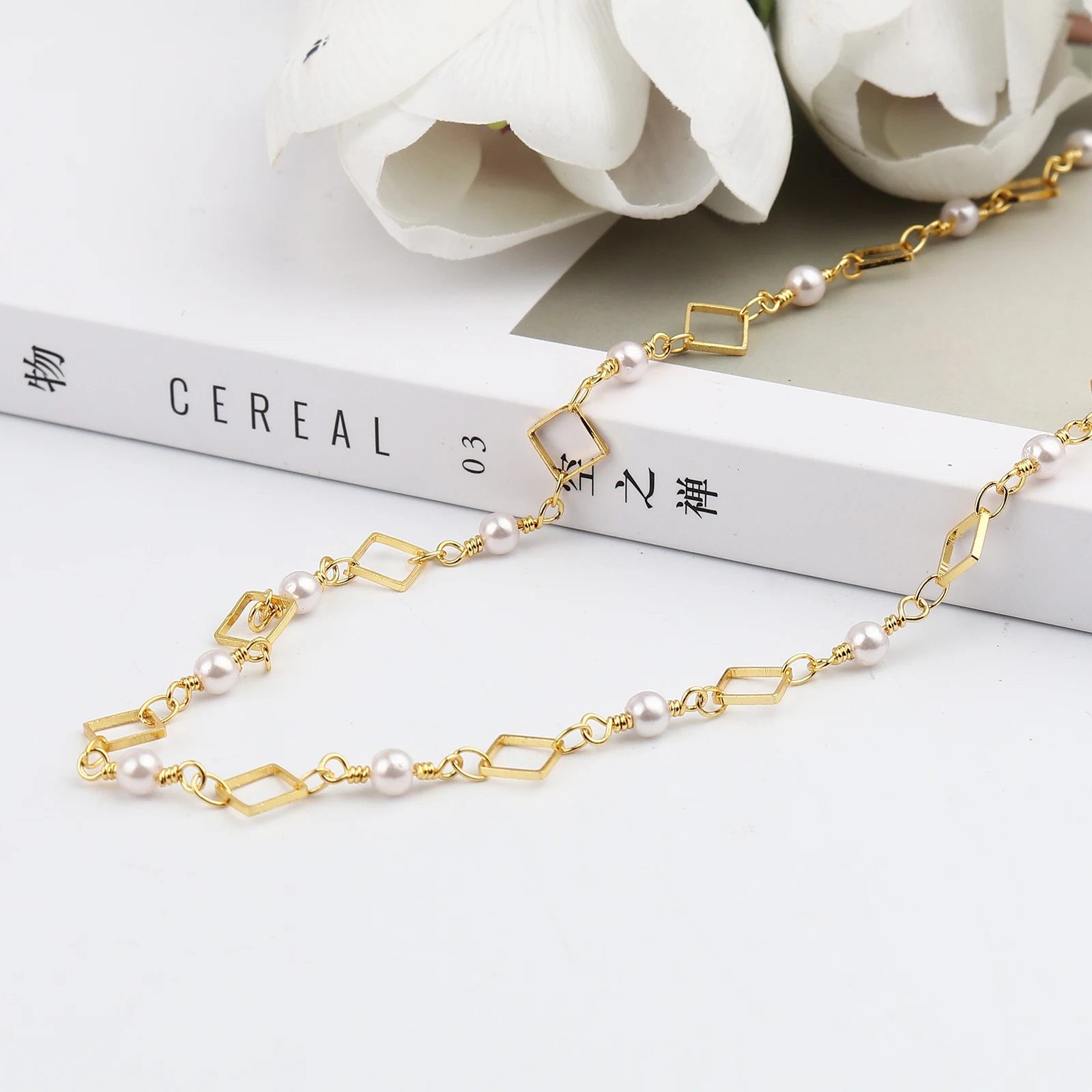 

DoreenBeads Fashion Gold Color Copper Acrylic White Imitation Pearl Link Chain Findings Rhombus Star DIY Jewelry 6-8mm, 1 M