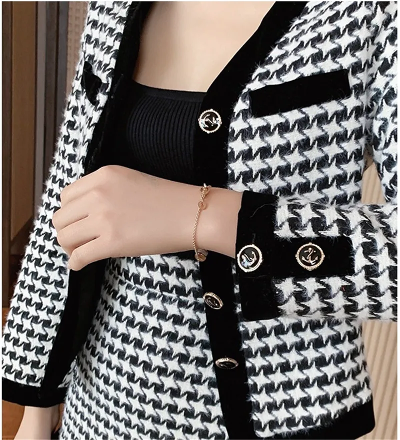 

CBAFU vintage houndstooth coat skirt 2 piece set women single breasted jacket outwear a-line skirt suit tweed set runway M016
