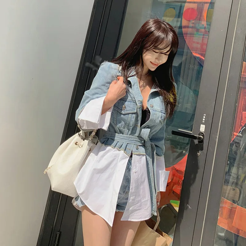 Куртка джинсовая женская свободного покроя с поясом голубая|Женские куртки| |