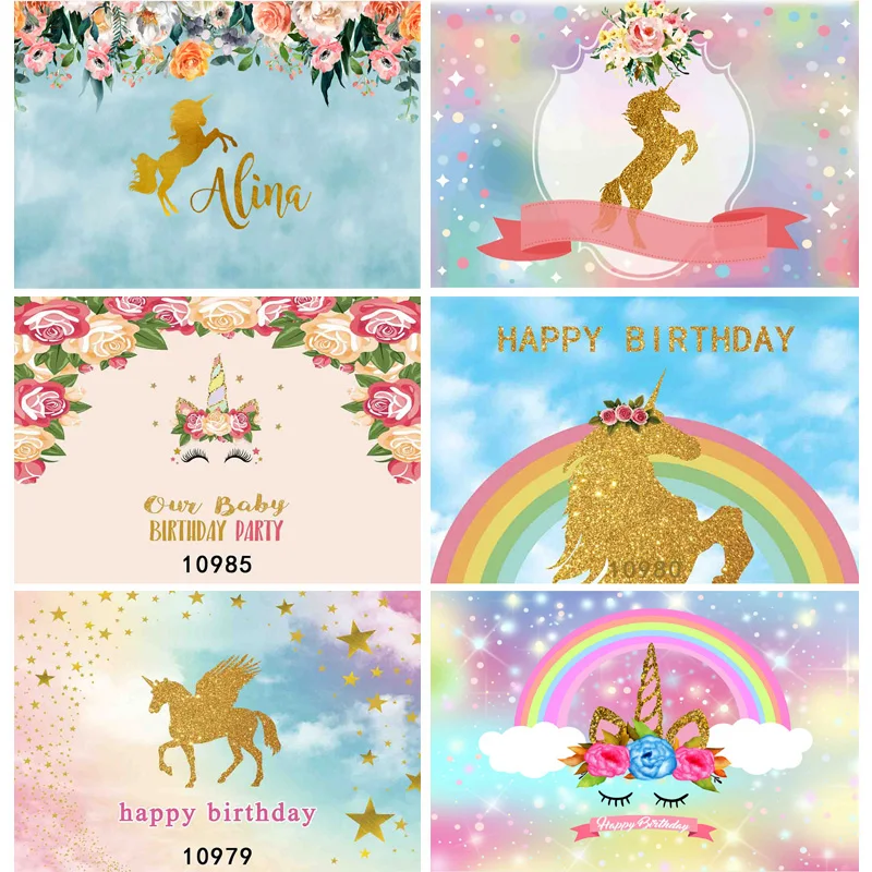 

Vinyl Unicorn theme Photography Backdrop Rainbow Birthday Newborn Banner Flower Party Studio Background 210519-55