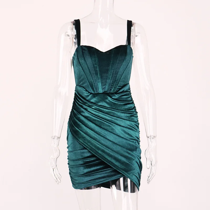 

IZEVUS New Womens Sexy Pleated Short Velvet Dress Green Bodycon Dresses Woman Party Night Ladies Dresses