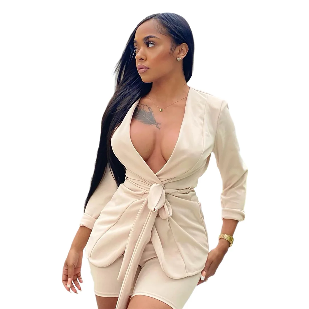 

Women Sexy V Neck Short 2 Piece Set Bandage Suits + Biker Shorts Solid Color Matching Set Nightclub Outfits