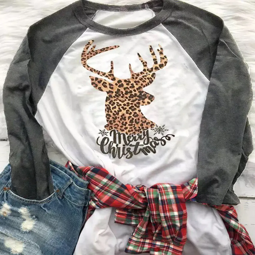 

Women Long Sleeve Tops Tee Shirts Merry Christmas Tees New Raglan Sleeve T-shirt Christmas Top Leopard Elk Print T Shirt