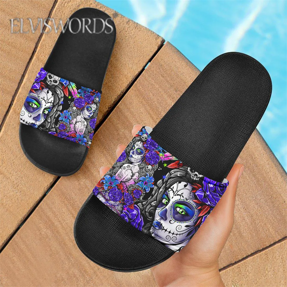 

ELVISWORDS/Дизайнерские женские шлепанцы; Модная обувь для девочек Calavera; Обувь на плоской подошве с рисунком черепа в готическом стиле для девоч...