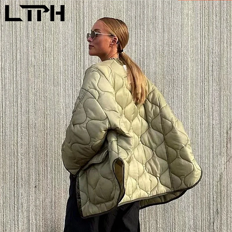 LTPH vintage wave pattern quilted puffer jacket women parkas oversized loose warm split hem long sleeve coat 2021 autumn new
