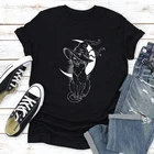 Звездного неба Луны кота футболка с ведьмой эстетическое женские Необычные Готический Ретро стиль на Хэллоуин наволочки Графический Футболка Топ