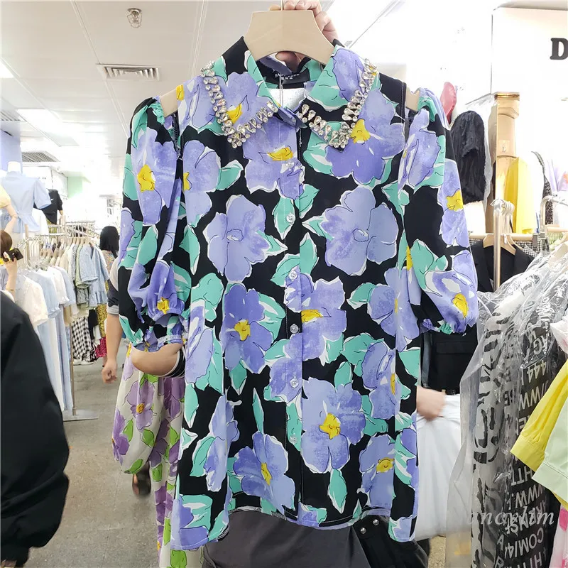 Chemise à revers avec strass pour femme, haut ample à manches mi-longues, multi-boutons, imprimé floral, à la mode, été, 2021