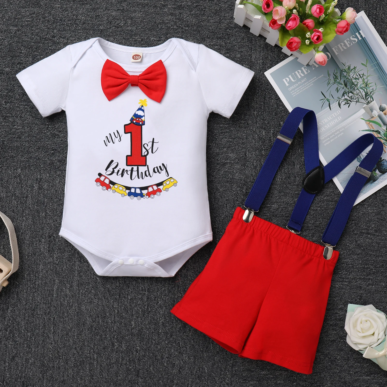 Baby Boy Clothes For 1st Birthday Party Cake Smash Outfit Short Sleeve Letters Romper Shorts Suspenders Holiday 3pcs Clothing