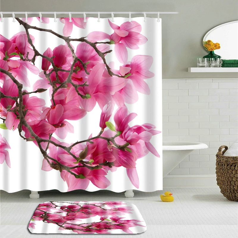 

2 шт./компл., занавески для душа с цветочным пейзажем, набор ковриков, водонепроницаемые шторы для ванной комнаты, ткань с прямоугольным неск...