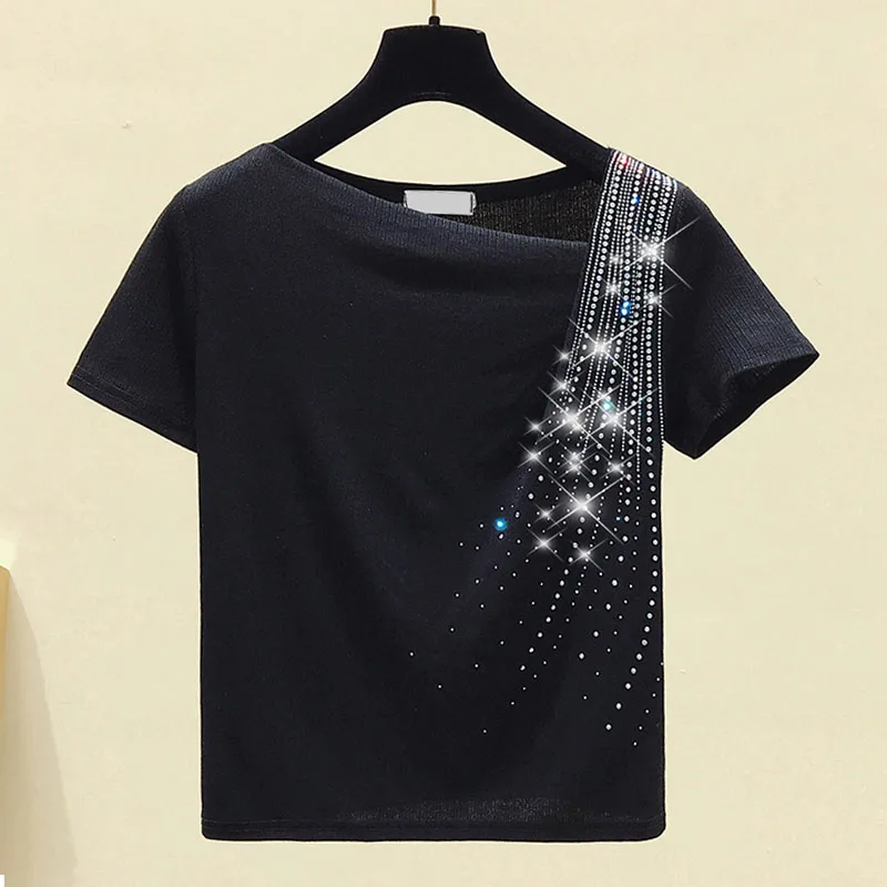 

Женские топы с коротким рукавом 2022, однотонная короткая рубашка со стразами и вырезом лодочкой, женская черная рубашка в стиле Харадзюку, Ко...