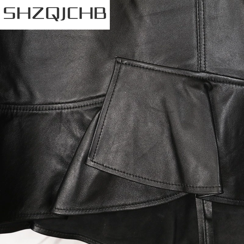 

JCHB 2021 Ladies Sexy Skirts Autumn New Fashion Genuine Leather Black Ruffle Pocket Vintage Elegant Casual Real Sheepskin Women
