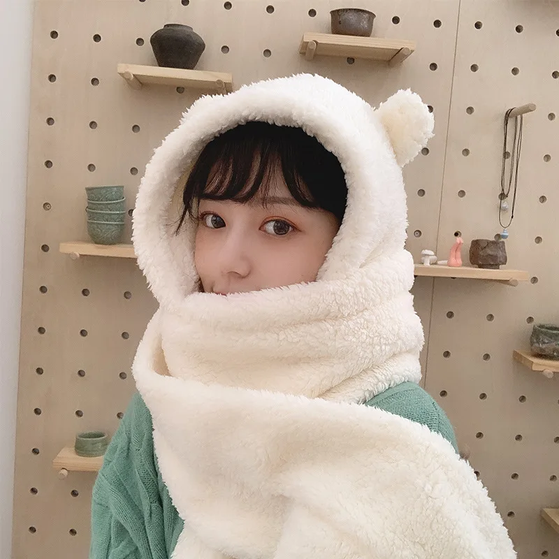 

2021 Fashion Winter Women Novelty Beanies Caps Warm Cute Bear Ear Hat Casual Plush Hat Scarf Set Casual Solid Women Caps Present