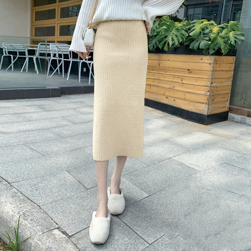 

QRWR 2020 Women Skirt Autumn Winter Casual High Waist Back Split knitted Skirts A Line Slim Fit Solid Color Midi Skirts Women