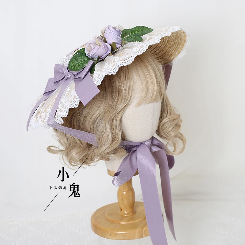 

Original Elegant Straw Hat Lolita Lace Bow Straw Sun-Proof Pastoral Flat Hat Han Yang Eclectic Hat