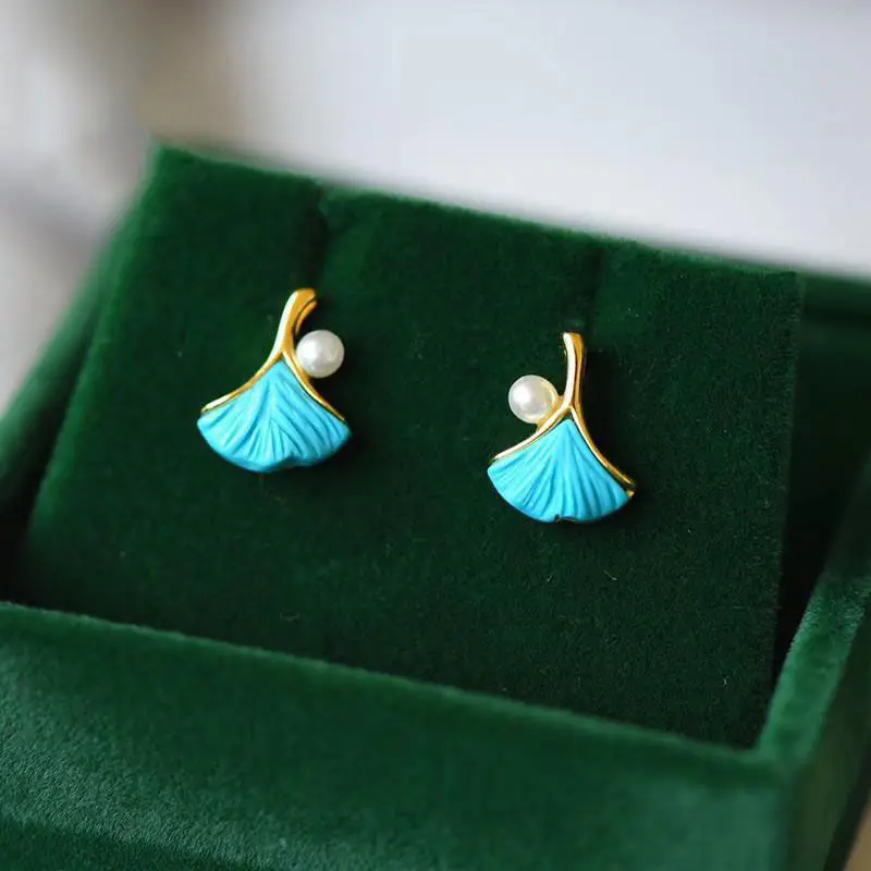 

S925 Silver Plated Seiko Mori Style American Sleeping Beauty Turquoise Ginkgo Leaf Stud Earrings Silver Female Temperament Fashi
