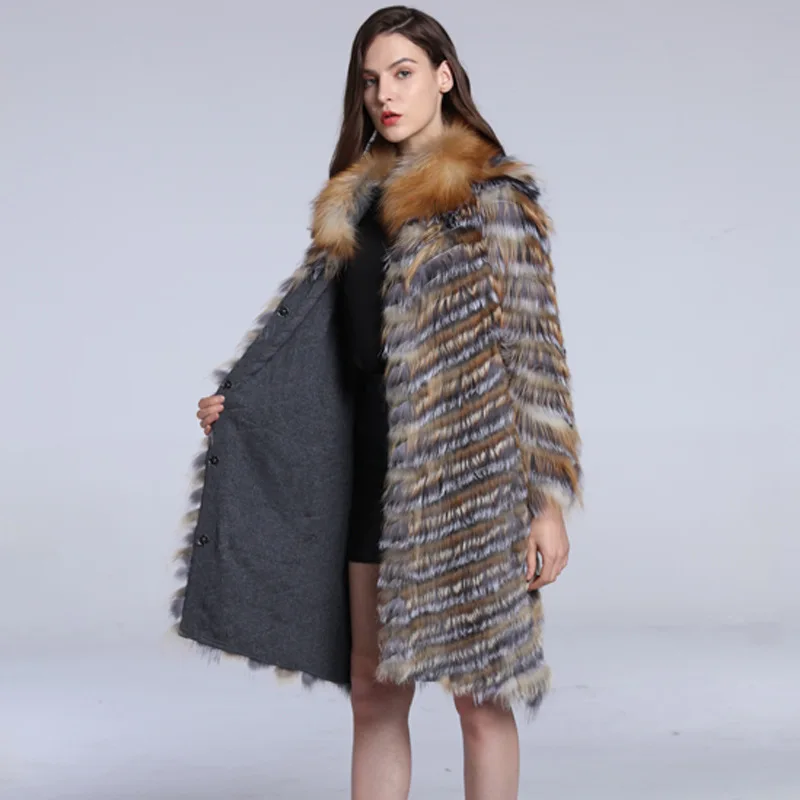 2020 New Style Natural Fox Fur Clothes Winter Warm Thick Long Full Sleeve Fox Collar Outwear Splicing Design Real Fur Coat Women