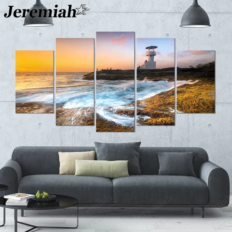 

Abstract Seaside Sunset Landscape Canvas Poster Lighthouse Waves 5 Pieces Painting Wall Artist Home Living Room Decoration