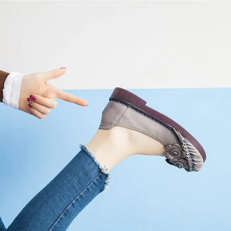 

Women Ethnic Loafers Genuine Split Leather Flower Flat Heels Round Toe Solid Platform Soft SoleLadies Shoes Zapatos De Mujer