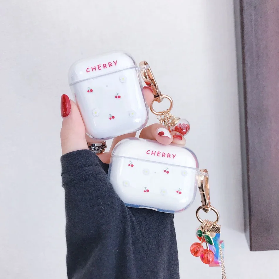 

For AirPods Case Cute Cherry Flower Earphone Case For Apple AirPods 2 3 AirPods Pro Soft TPU Clear Earphone Cover with Keychain