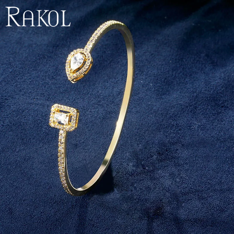 Bangle Gold Color RAKOL Гладкий минималистский дизайн с кубическим цирконием браслеты из колец комплект ювелирных изделий женщина свадебное платье аксессуары RS03046 - Окраска металла: Bangle Gold Color