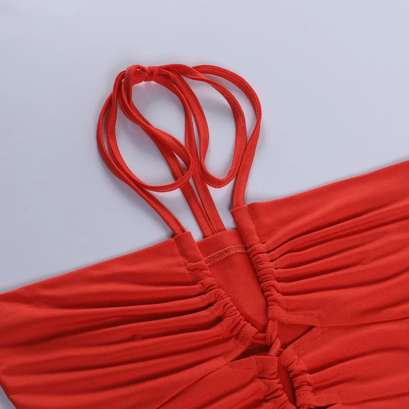 

2021 Summer Bandage Red T-shirt Women Tank Crop Top Camisole Sexy Pleated Backless Halter Tanks Camis Tee Shirt Femme Tops Woman