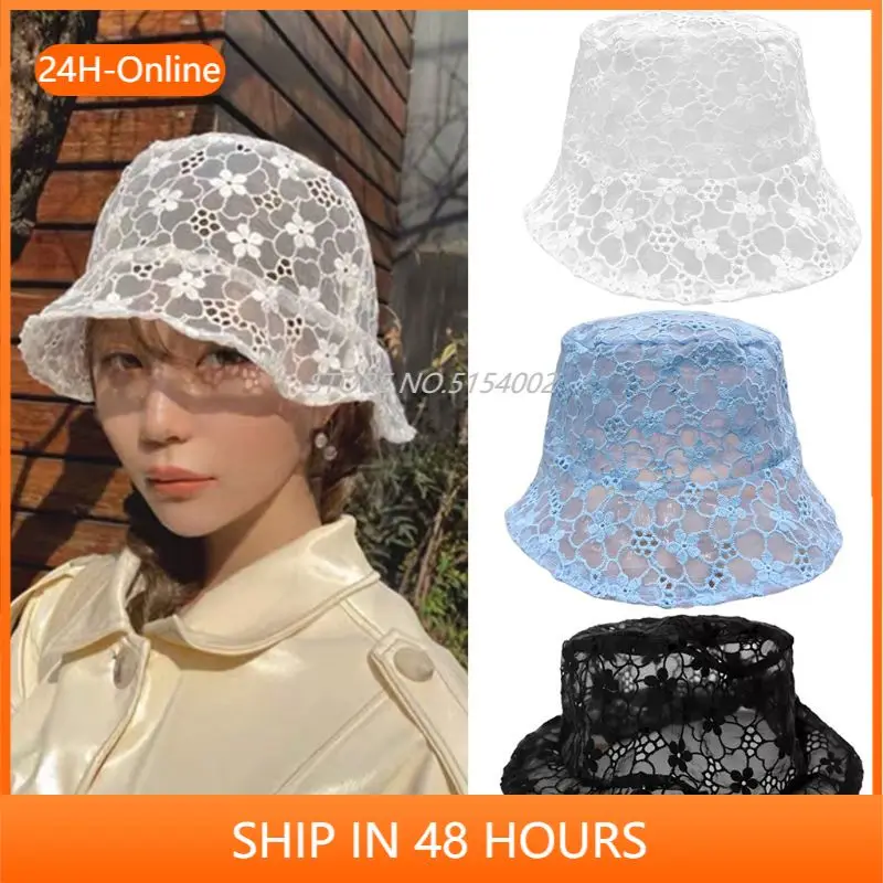 

2021 Hot Women Summer Hollow Out Wide Hat Brim Bucket Hat Embroidery Floral Lace Solid Color Floppy Beach Vacation Fisherman Cap
