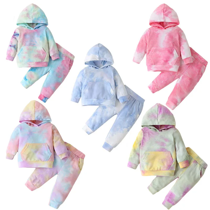 

0-3Y Toddler Baby Girls Clothes Outfits New Fashion Tie Dye Print Hooded Pocket Sweatshirt+Pants 2Pcs Autumn Baby Tracksuit Sets