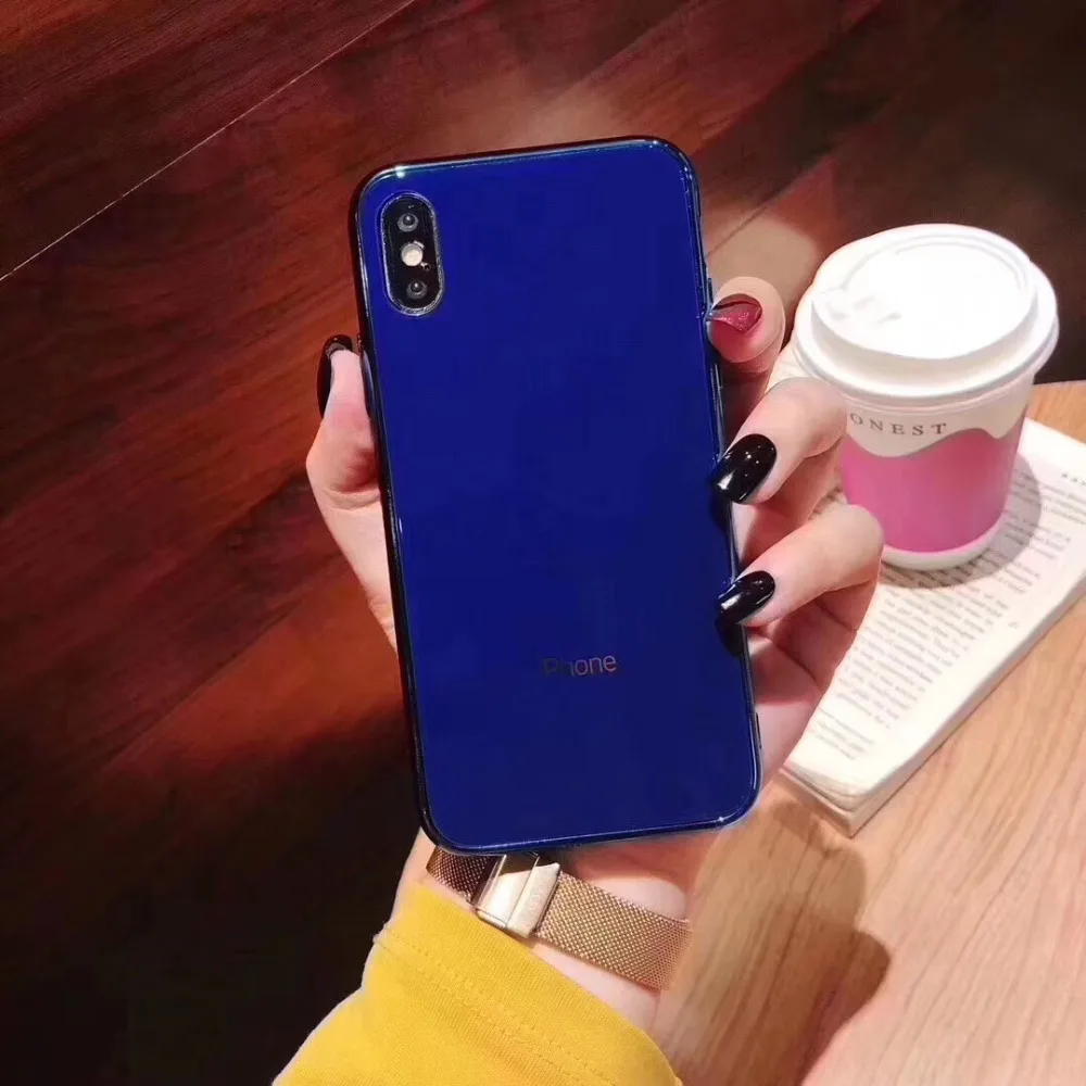 blue Роскошный чехол из закаленного стекла для телефона для iPhone 6 6s 7 8 Plus Ultra Slim покрытие Глянцевая черный, красный для iPhone x xs xr max чехол Крышка - Цвет: blue