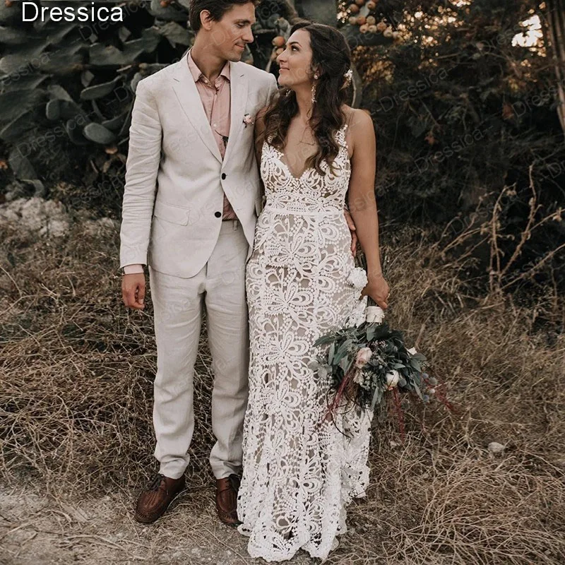 

Lace Chic Boho Wedding Dress Backless V Neckline Mermaid Bridal Gown 2020 New Trend