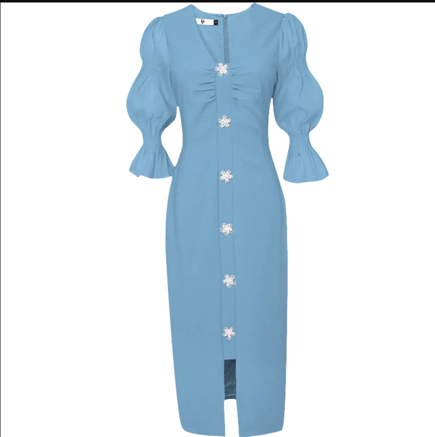 

2020 summer French puff sleeve dress women v-neck single breasted ol package hip pencil dress