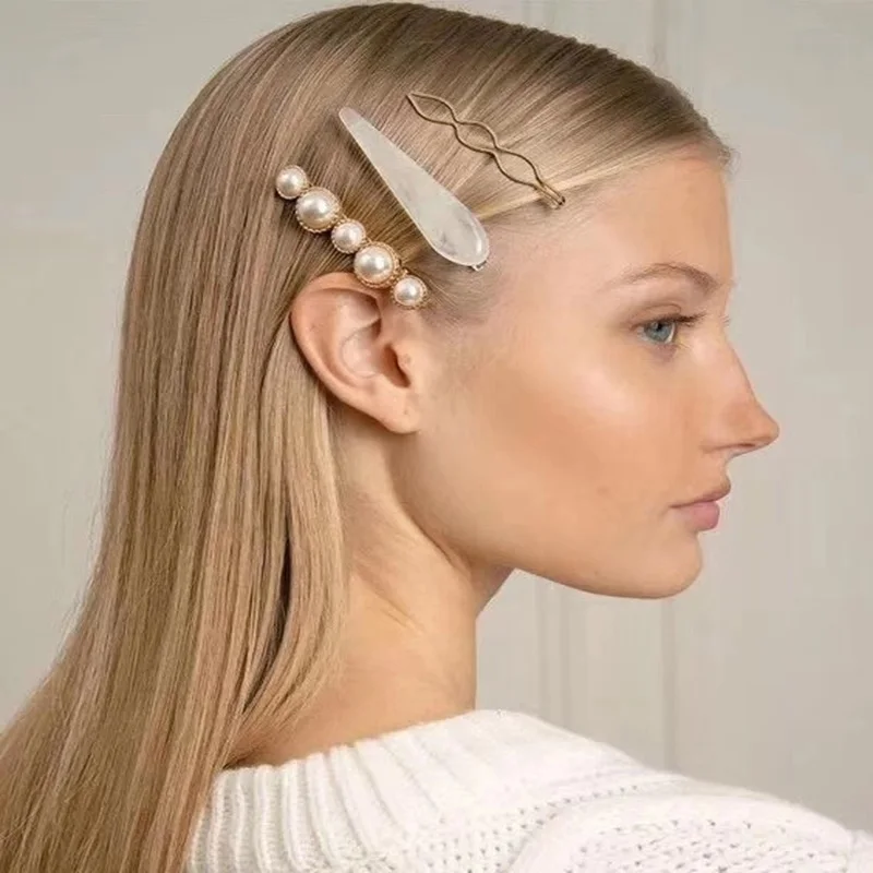 3pcs/set Korean Women Girls Metal Pearl Marble Hair Clip Combination Barrette Pearls Hairpin Hair Styling Accessories