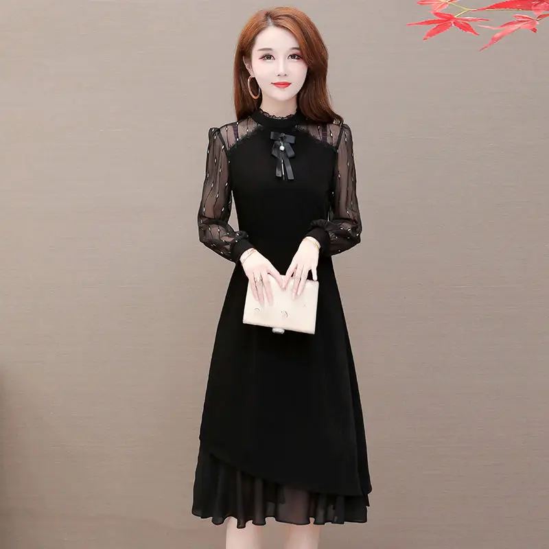 

Women's Spring Autumn Style Dress Women's Solid Color O-neck Bow Long Sleeve Patchwork Elegant Casual Dress SS1638