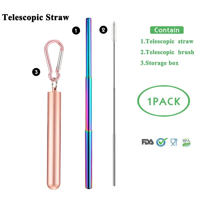 T-straw 1 Телескопическая металлическая соломенная Складная многоразовая солома портативная соломка из нержавеющей стали с чехлом и щеткой для путешествий на открытом воздухе - Цвет: T-straw 1