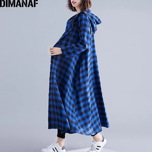 Jing95190CN-baolan Dimanaf женский плюс размерные куртки пальто Базовая верхняя одежда Осенняя Повседневная Женская с длинным рукавом Женская свободная хлопковая с капюшоном клетчатая тонкая - Цвет: Jing95190CN-baolan