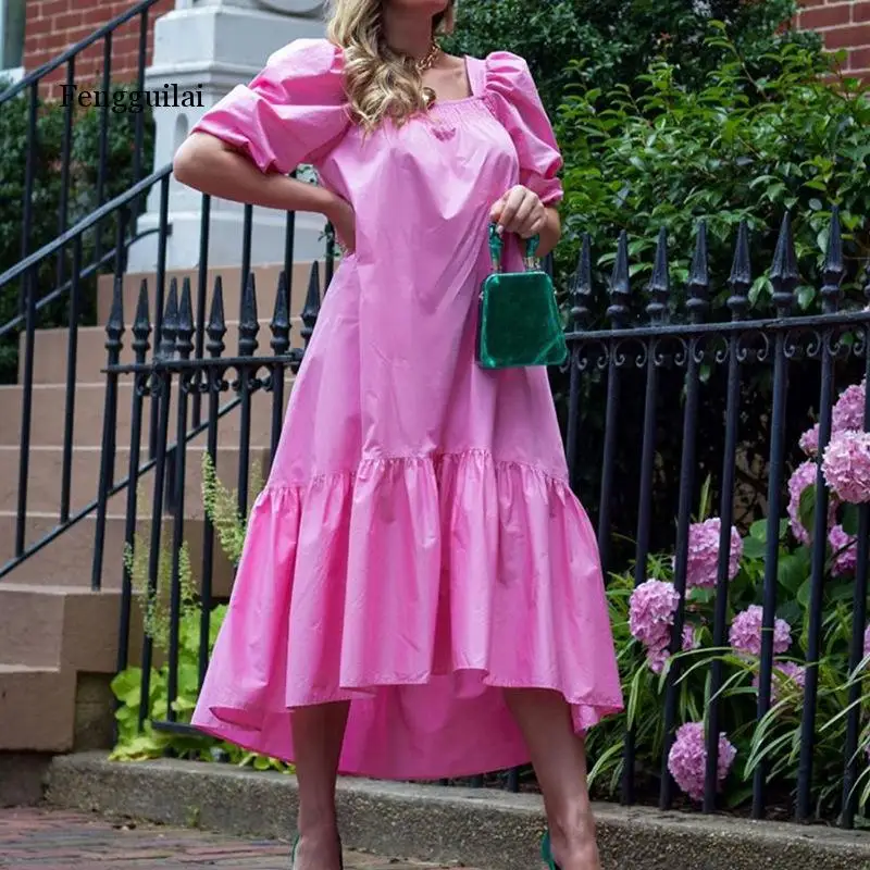 

Retro Long Dress Women Solid Hot Ruffled Short Sleeve Square Neck Loose Dress Autumn Elegant Inregular Dresses Vestidos