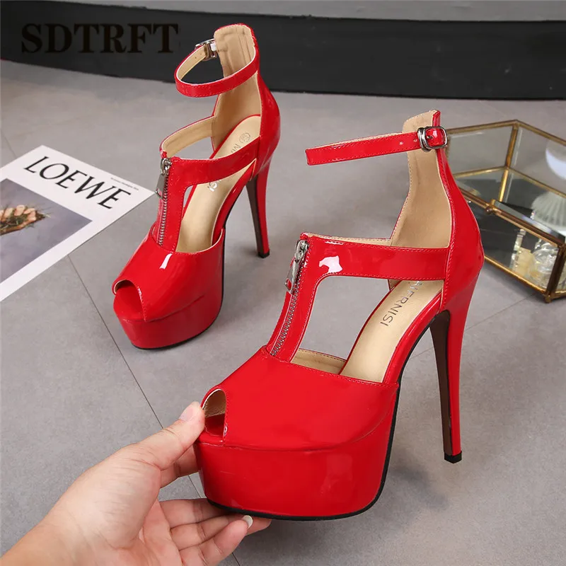 SDTRFT Summer T-Strap Zipper Stilettos Shoes Woman 14cm Thin Heels Sexy Sandals Party Dance Pumps Gladiator Platforms Sandalias summer boots gladiator high heels women sexy front open cross strap stilettos shoes genova shoes woman ankle cool boot woman