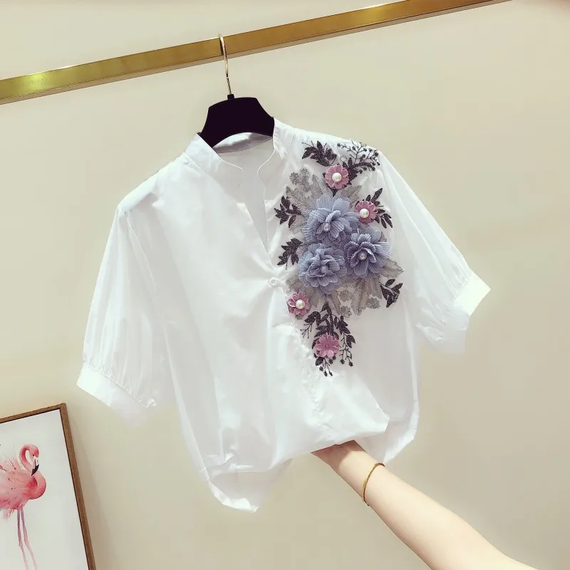 2021 летняя новинка Женская блузка и рубашки с вышитыми цветами хлопковые офисные
